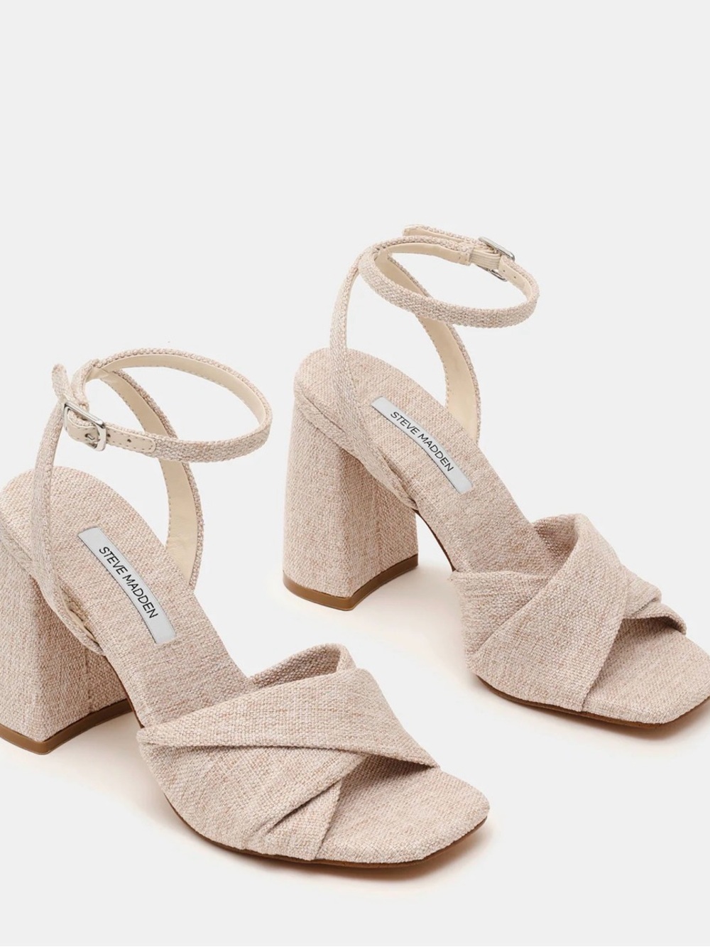 Steve Madden Mandy Neutral Beige Linen Block Heel Sandals with Ankle Strap